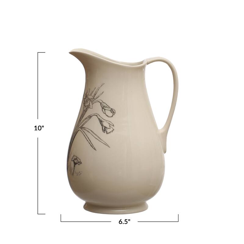 Stoneware Pitcher with Flower Design - 6.5"L x 6.0"W x 10.0"H