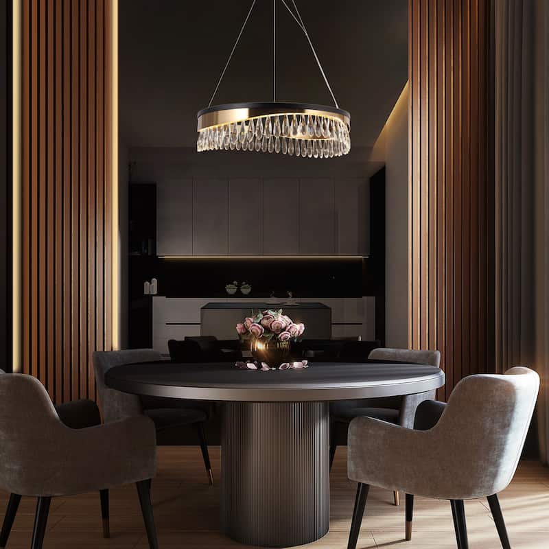 Modern LED Crystal Drum Chandelier Black Gold Hanging Lights for Dining Living Room - D23.5" x H6"