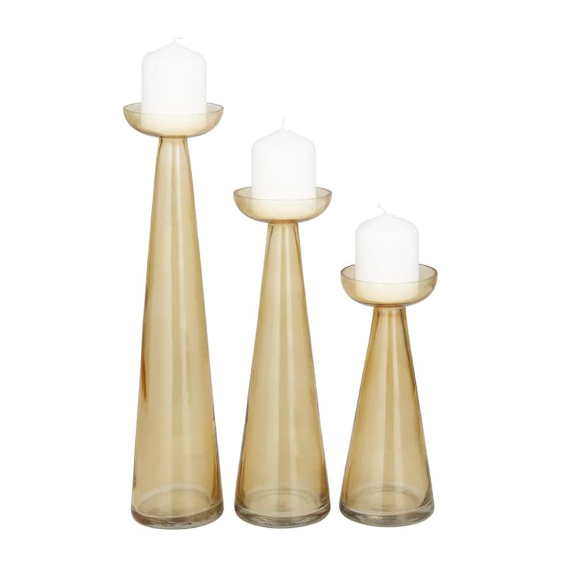 Glass Tapered Cone Candle Holder with Rounded Candle Plates - Set of 3 Green, Gold, Clear - Roche River Decor