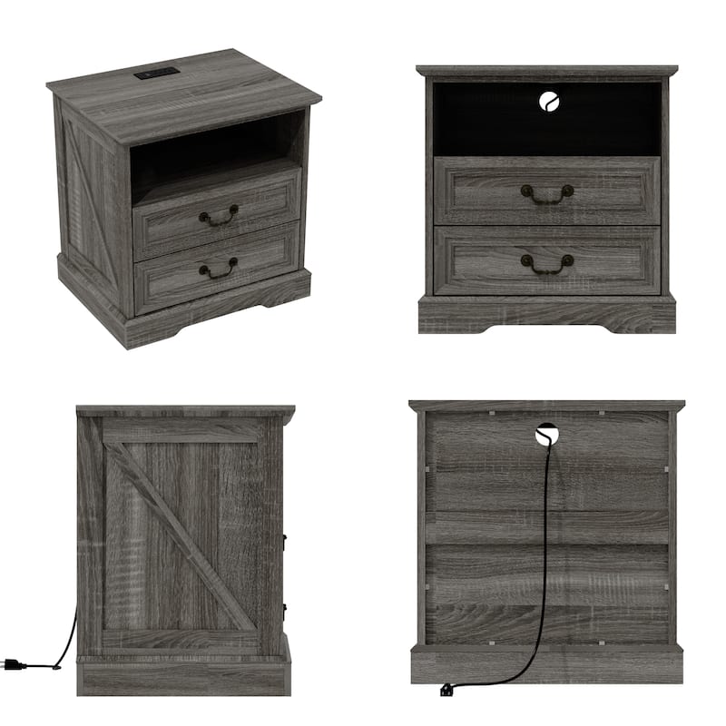 Farmhouse Nightstand with 2 Drawers, Open Shelf & Power Port, Rustic Bedside Table, Antique Brass Handles, White/Grey