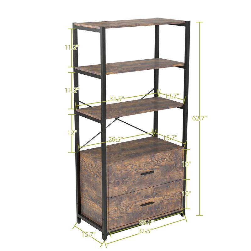 Industrial Bookcase with File Cabinet Drawers, 62.7 in Tall Bookshelf 4 Tier, Freestanding Storage Home Office Cabinet