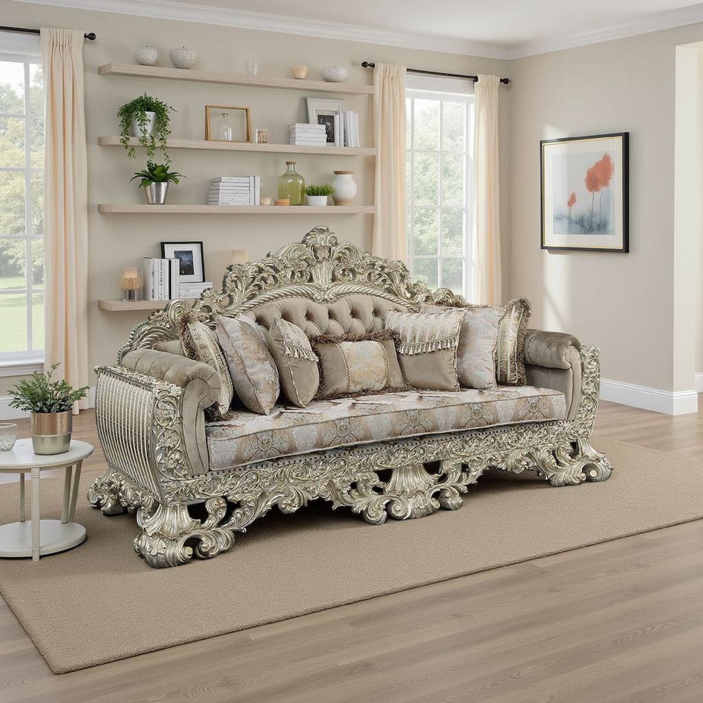 Esen Ornate Sofa, 7 Accent Pillows, Gold, Tufted Brown Velvet, 99 Inch