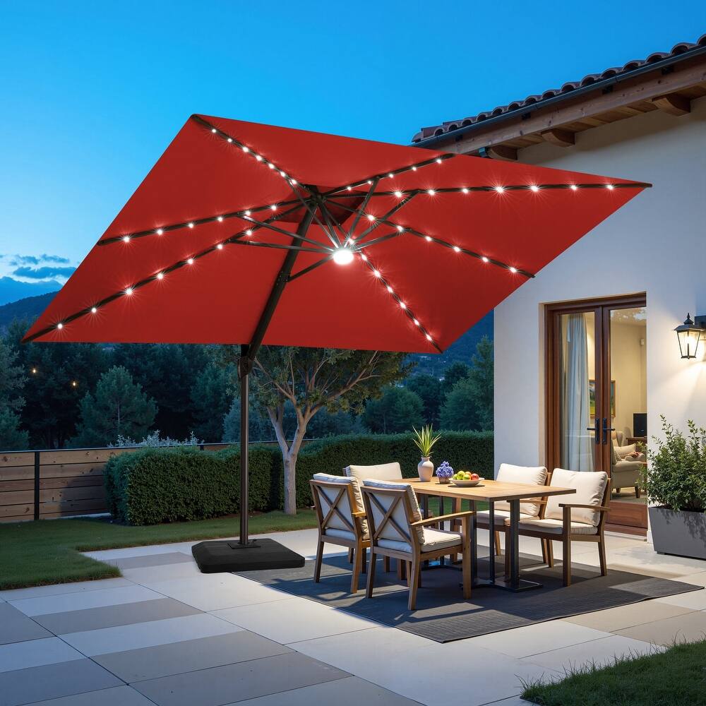 9 x11 FT Cantilever Patio Umbrella with Weighted Base, Double Canopy & LED Lights