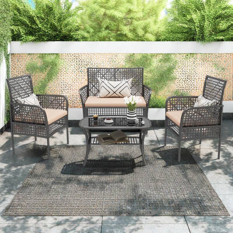 4-Piece Outdoor PE Rattan Wicker Cnversation Sofa Set with Tempered Glass Coffee Table and Waterproof Cushions - Black+ khaki