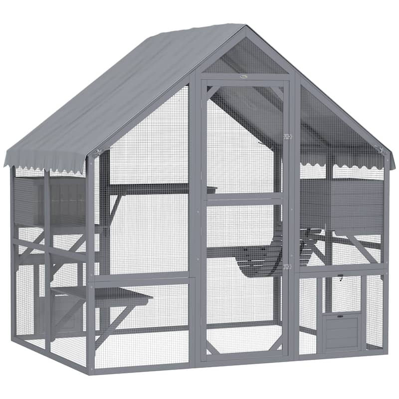 PawHut Large Catio Outdoor Cat Enclosure for Multiple Kittens, Wooden Cat House with Waterproof Cover, Gray - Grey