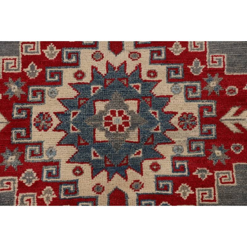 Hand Knotted Oriental 100% Wool Carpet Traditional Geometric Greys & Charcoal Kazak Area Rug - 9' 6'' X 6' 11''