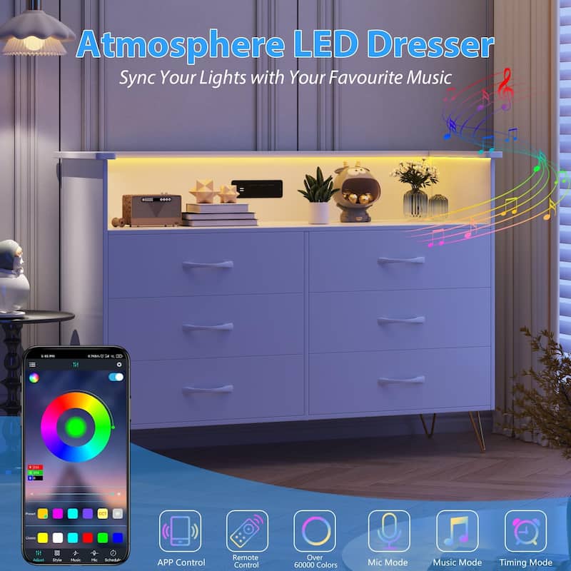 White Dresser with LED Light for Bedroom 6 Drawer