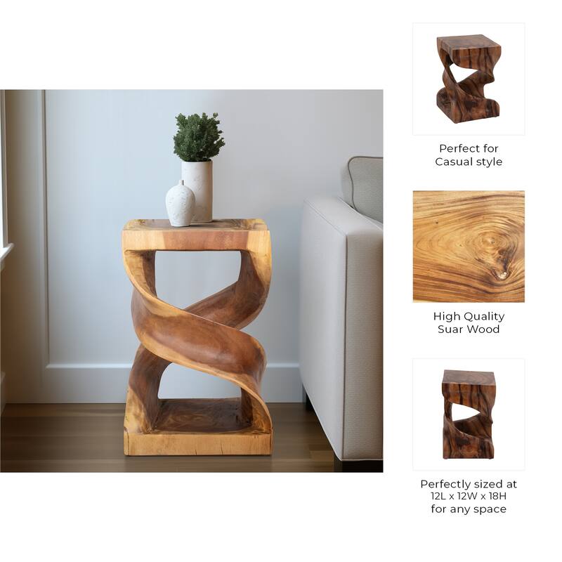 Hand-Carved Suar Wood Twist Accent Table - 18" Brown Side Table for Living Room, Bedroom, or Office - 12" x 12" x 18"
