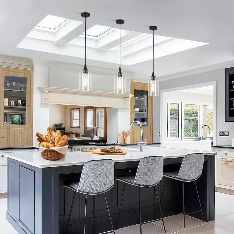 Modern Farmhouse 1-Light Black Pendant Hammered Glass Island Lights for Dining Room