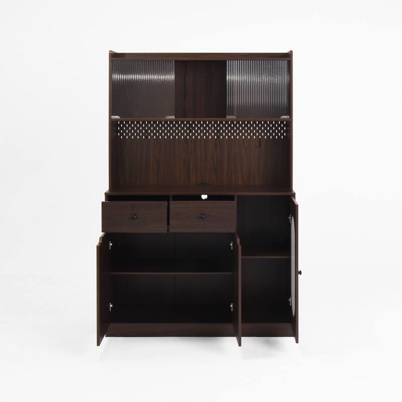 71"Tall Kitchen Pantry Storage Cabinet, Large Capacity Display Cabinet with Reeded Glass Doors and Microwave Stand