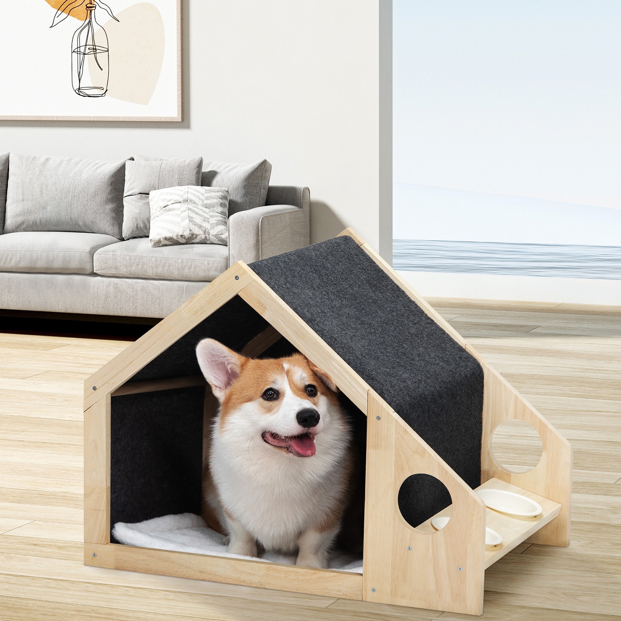 2 In 1 Wooden Dog Kennel with Cushioned Bed and Feeding Bowls