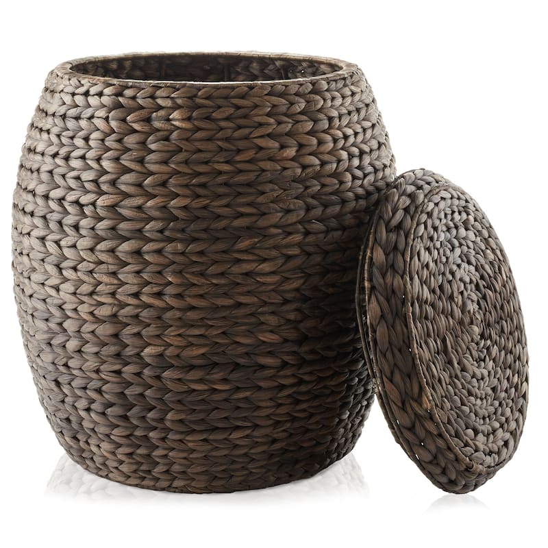 Round Water Hyacinth Storage BasketHamper with Lid - Espresso