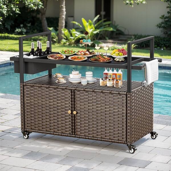 slide 2 of 9, Outdoor Wicker Bar Cart with Storage and Wheels - Brown - N/A Black