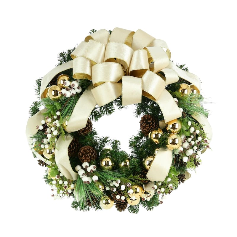 32 in Holiday Wreath With Berries and a Ribbon Bow - Green, Cream, Gold - 32Hx32Wx9D