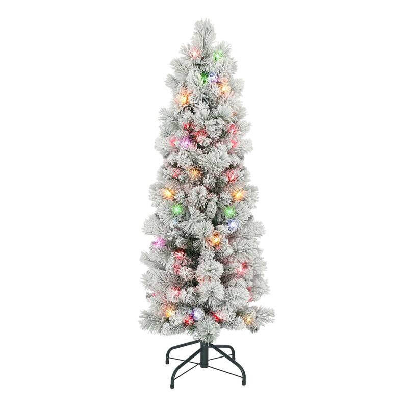Pre-lit Flocked Portland Pine Artificial Christmas Tree - 4.5’ - Multi Lights - 4.5 Foot
