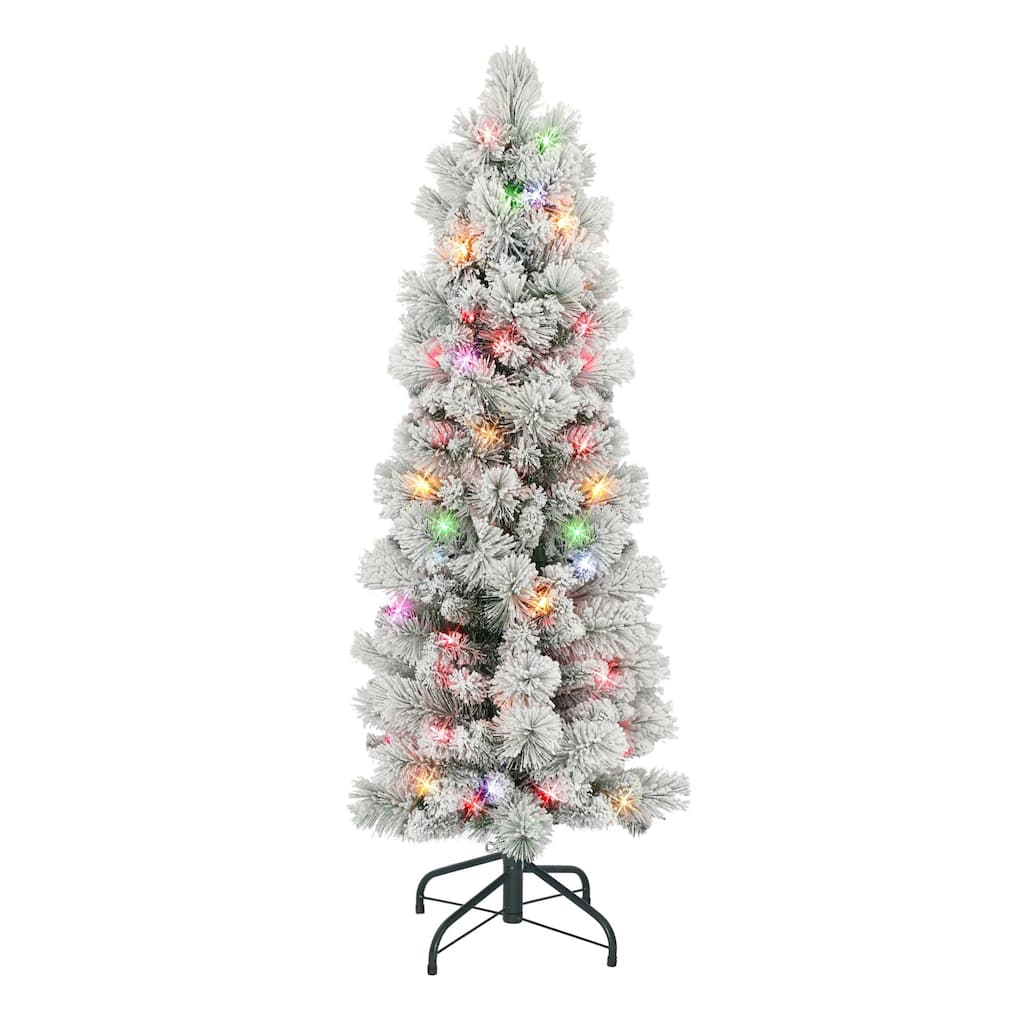Pre-lit Flocked Portland Pine Artificial Christmas Tree - 4.5’ - Multi Lights - 4.5 Foot