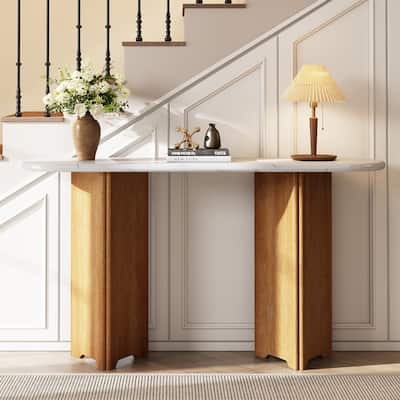 Narrow Console Table, Entryway Table with Oval Faux Marble Top, Rustic Sofa Table with Curved Legs
