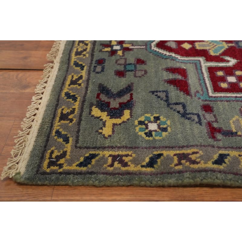 Hand-knotted Traditional Wool Green Geometric Area Rug Oriental Carpet - 8' 0'' X 2' 7''