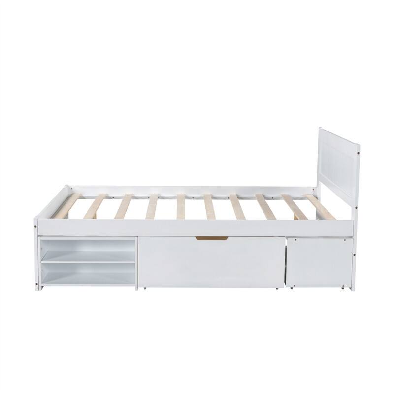 Twin/Full Size Platform Bed with Drawer and 2 Storage Shelves, Modern Bed Frame with Headboard and Large Storage Space