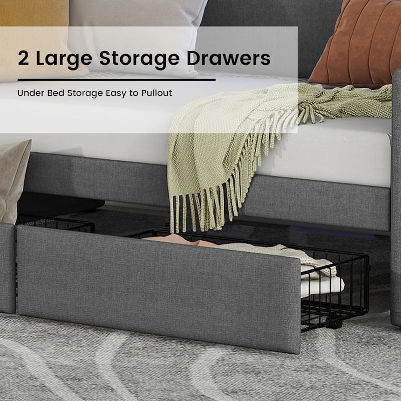 Twin Size Sofa with Storage Drawers,Upholstered Daybed with Charging Station and LED Lights