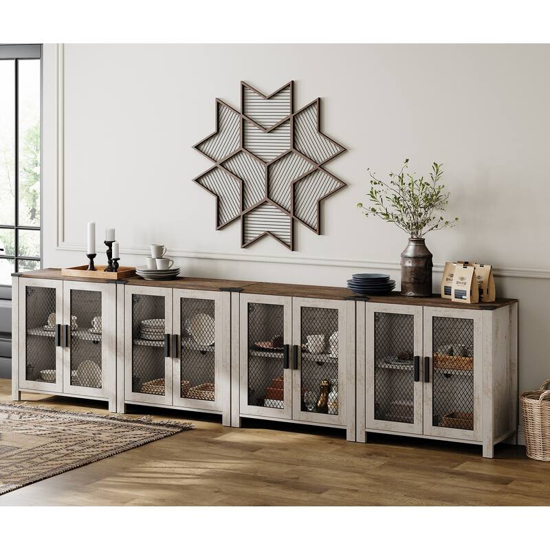 Sideboard Buffet Cabinets with Mesh Door and Adjustable Shelf - Brown and Oak - 4 Pack