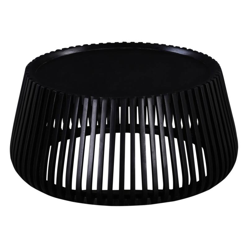Coffee Table, 31 Inch Round Top, Slatted Drum Shape, Black Mango Wood