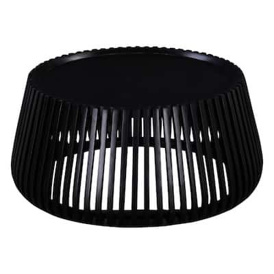 Coffee Table, 31 Inch Round Top, Slatted Drum Shape, Black Mango Wood