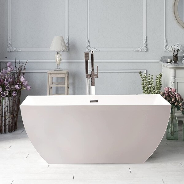 Vanity Art 59" Freestanding Acrylic Bathtub Modern Stand Alone Soaking Tub with Chrome Finish Slotted Overflow & Pop-up Drain. Opens flyout.