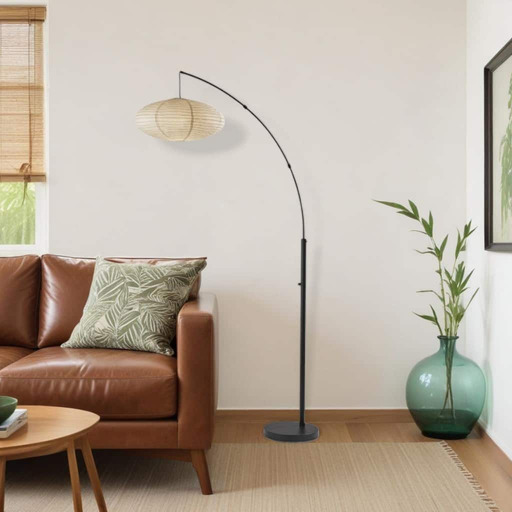 80-inch Beige and Black Arc Floor Lamp with Paper Globe Shade - 42" x 20" x 80"