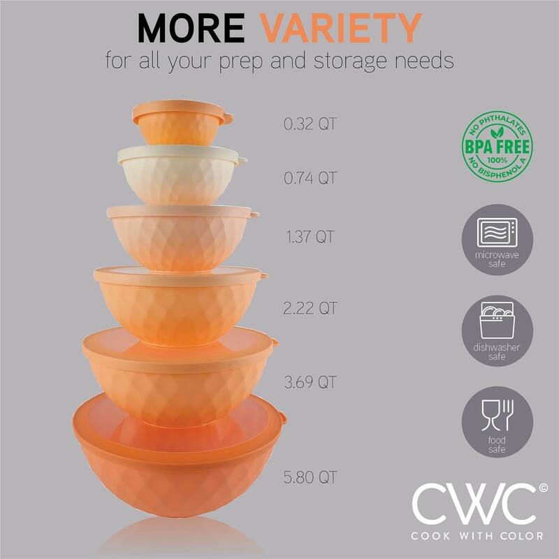 COOK WITH COLOR Mixing Bowls with Lids 12 Piece Plastic Nesting Bowls Set includes 6 Prep Bowls and 6 Lids Diamond Design