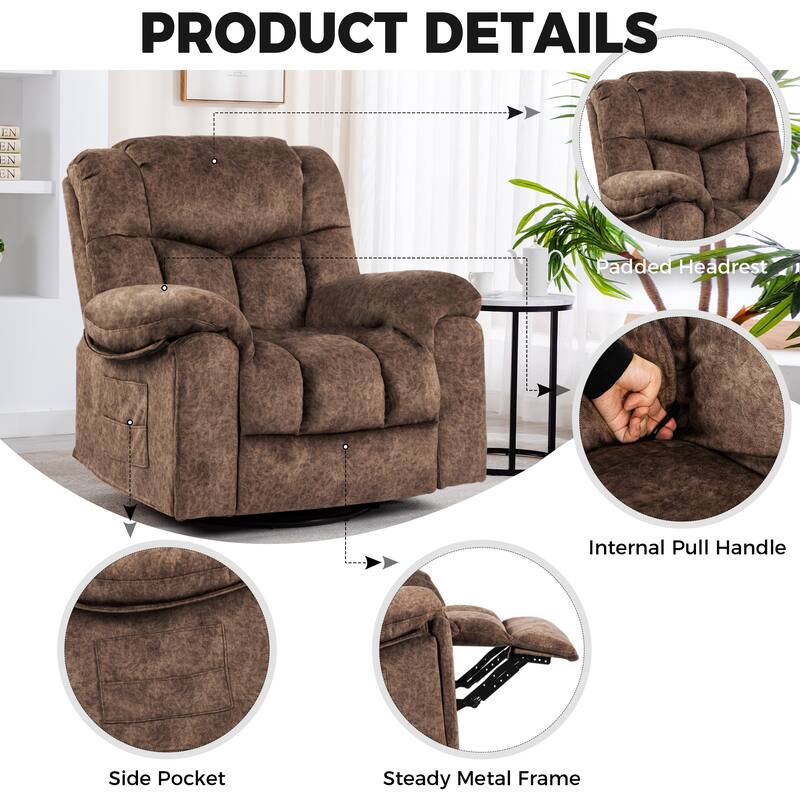 Swivel Rocker Velvet Recliner for Adults, Nursery Glider Recliner w/Massage and Heating & USB Charge Port Bonded Leather Sofa