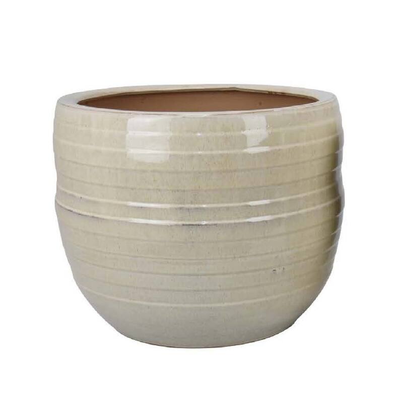 Paulo Barrel Planter Set of 2, Raised Ribbed Beige Ceramic 19, 15 Inch