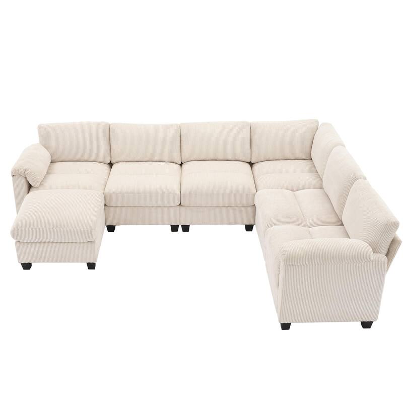 Corduroy Corner Sectional Sofas with a Removable Ottoman, L-shaped Reversible 7-seat Modular Couch - Off White - Reversible