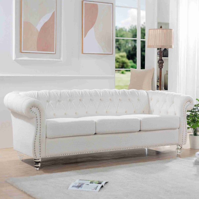 84" White Rolled Arm Chesterfield 3 Seater Sofa Couch - White