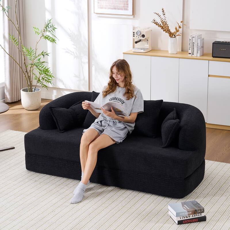 Modern 2-in-1 2-Seater Sofa Folding Sofa Bed with 4 Pillows, Chenille Fabric, High-Density Foam, for Apartment Living Rooms