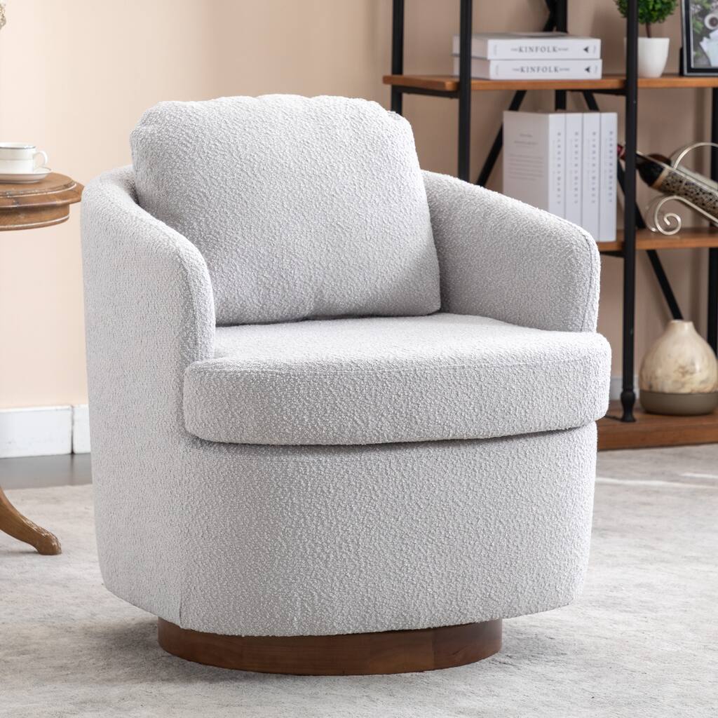 Light Gray Modern 30.3" Upholstered Swivel Accent Chair with Soild Wood Round Brown Base
