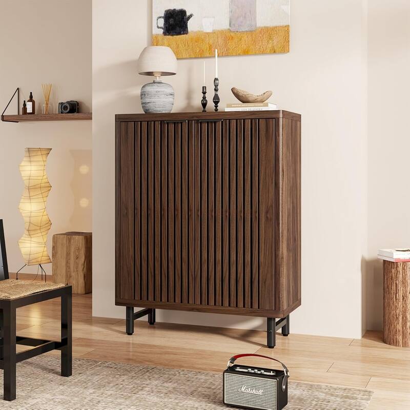 6-Tier Bathroom Floor Cabinet 2 Shutter Doors Adjustable Shelves Wooden Storage Sideboard for Kitchen/Living Room