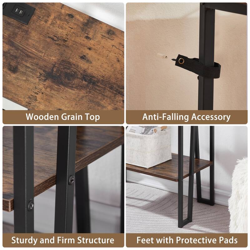 Console Table with Outlets for Entryway, Sofa Table with Wood Shelves, Industrial Entryway Table Foyer Table