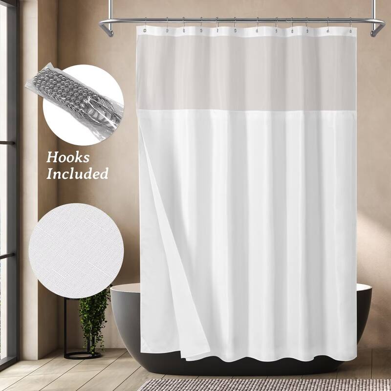 Slub Linen Texture Snap-in Liner Shower Curtain with Hooks