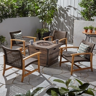 Hampton Outdoor Wood and Wicker Club Chair Set with Fire Pit by Christopher Knight Home