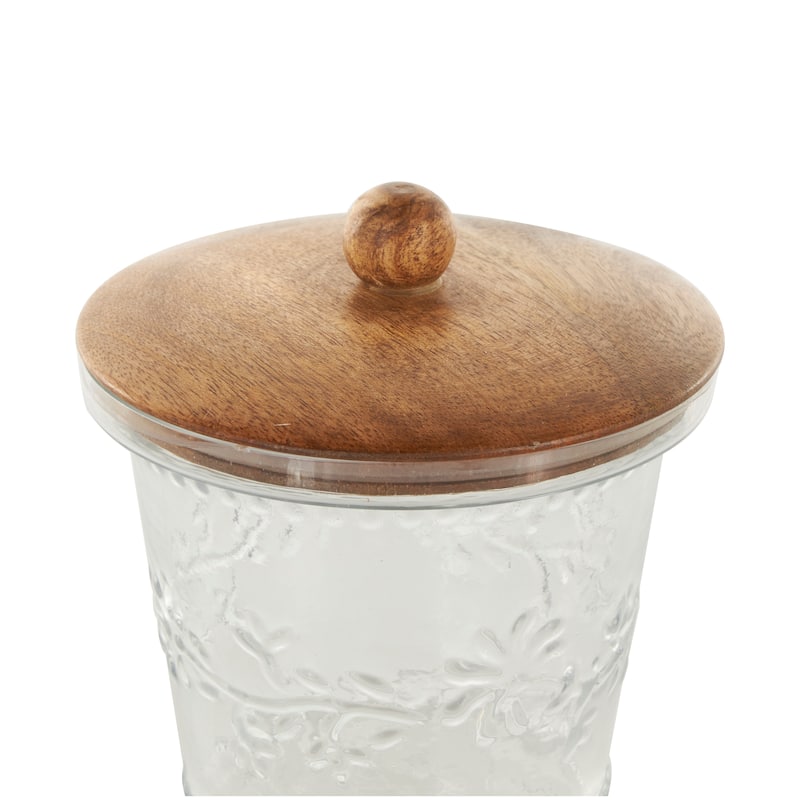 Clear Glass Beaded Floral Living Room Decorative Jars with Brown Wooden Lids and Round Knobs (Set of 2)