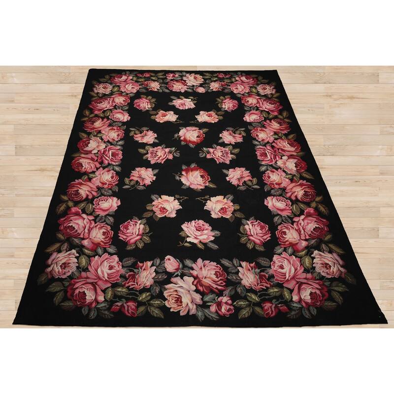 9x12'6'' HandWoven Wool Black French Aubusson Needlepoint European Rug - 9' x 12' 6''