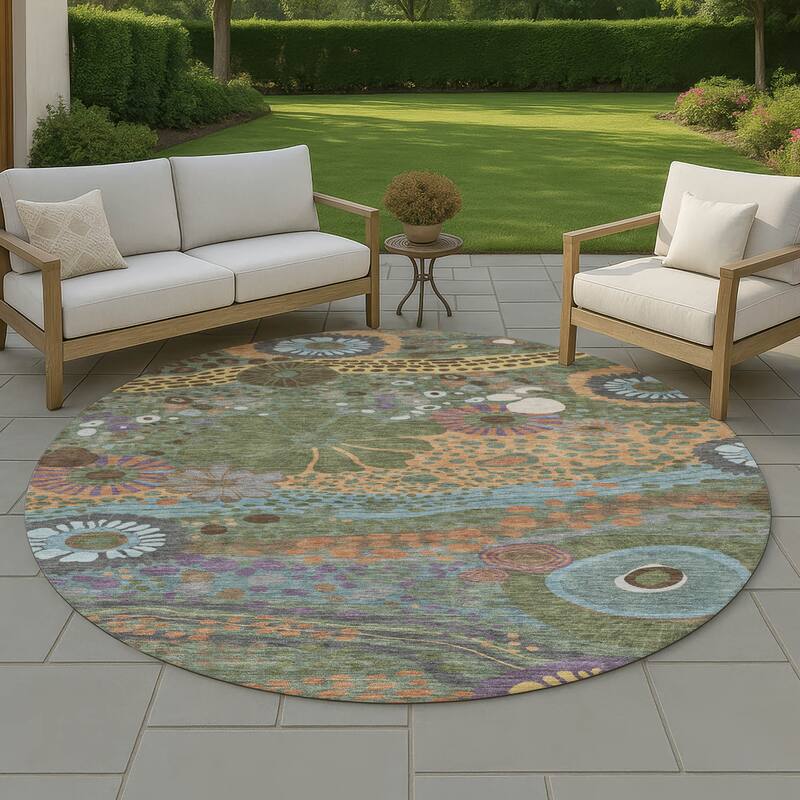 Machine Washable Indoor/ Outdoor Whimsy Floral Chantille Rug - Basil - 8' x 8'