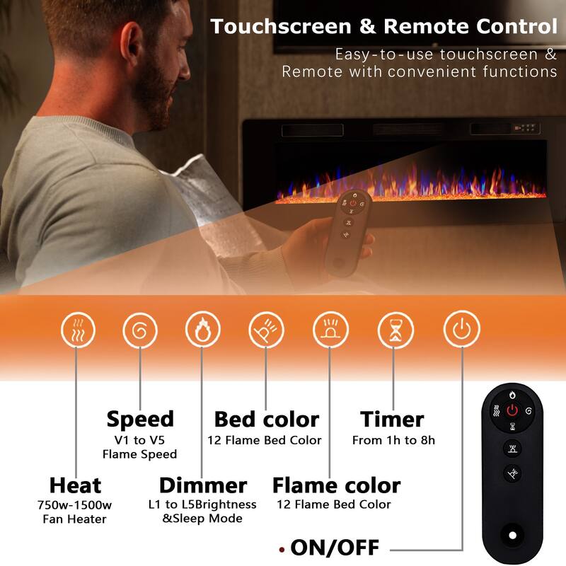 Bossin 30 to 72 inch Electric Fireplace Ultra-Thin and Silence Linear Recessed Wall Mounted Fireplace with Remote Control