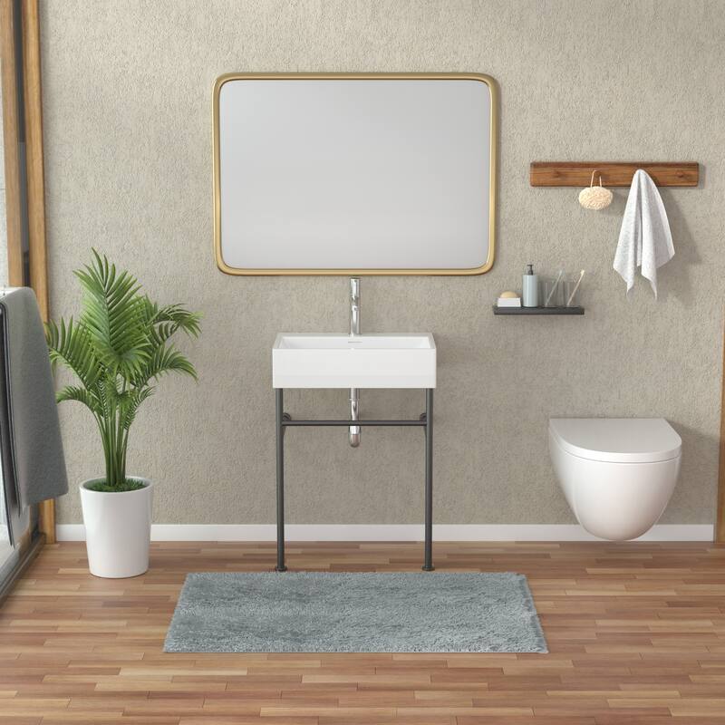 Lordear 24/30 in Ceramic White Single Bowl Console Sink Basin and Black/Gold Legs Combo with Overflow