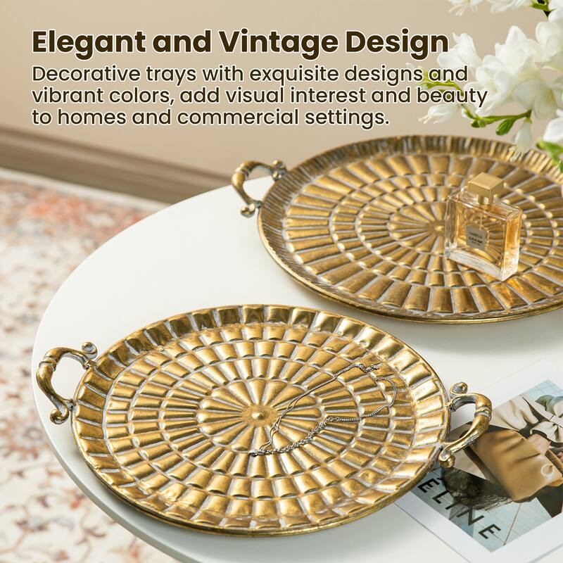 Glitzhome 17"/19"L Vintage Round Metal Gold Embossed Decorative Trays with Handles Set of 2