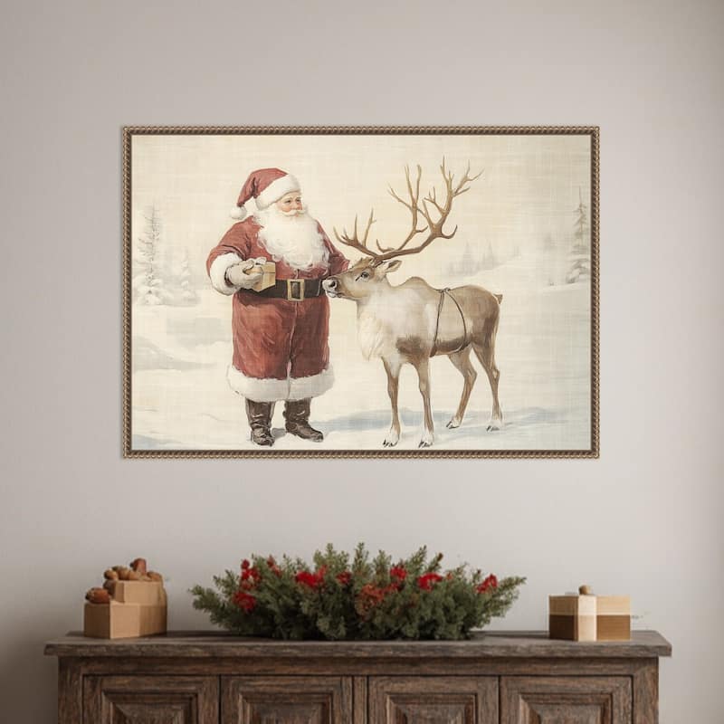 Santa Claus with Reindeer in Winter Wonderland by Melloi Art Prints Framed Canvas Wall Art Print - Sylvie Beaded Dark Gold