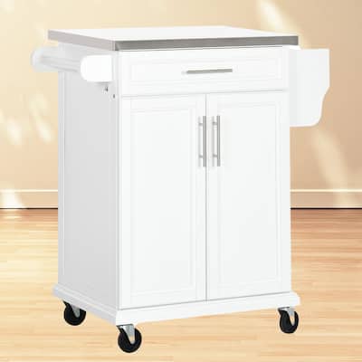 "Rolling Kitchen Cart with Stainless Steel Top, 2-Tier Shelf, Drawer & Spice Rack for Easy Storage"