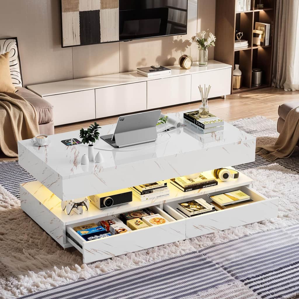 Pocassy LED Coffee Table 47.2 Inches Double-Layer Center Tables