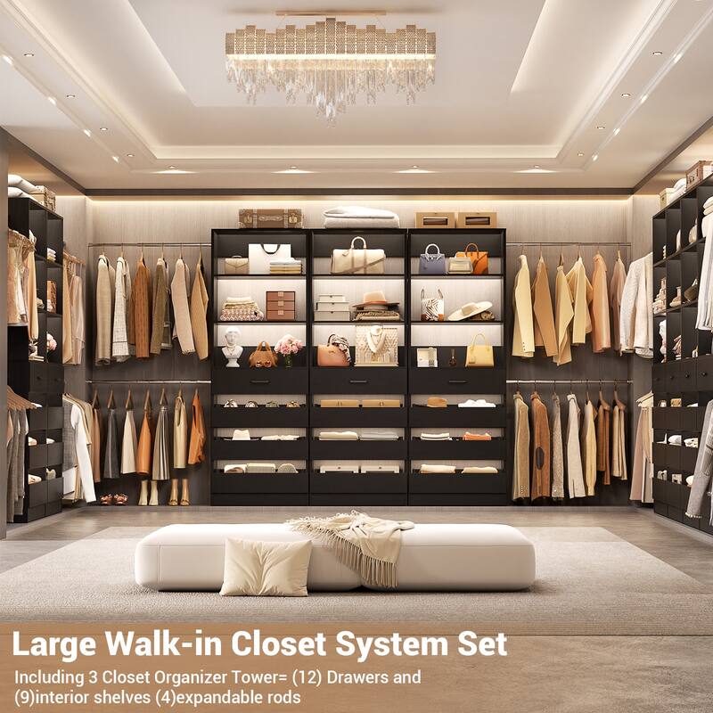140'' Walk-in Closet Organizer System with 12 Drawers ＆ 4 Hanging Rods, 8.5-11.5FT Wooden Wardrobe Clothes Rack with 3 Towers
